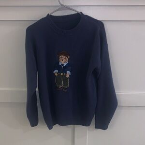 Navy Crewneck Sweater with Bear Embroidery